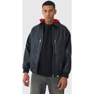 Mens Collared Pu Bomber Jacket With Detachable Hood In Black