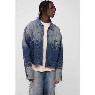 Mens Antique Blue Boxy Fit Cross Applique Denim Bomber Jacket
