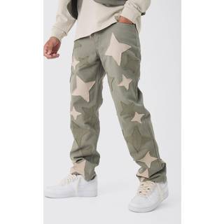 Mens Khaki Relaxed Fit Star Patchwork Applique Jeans
