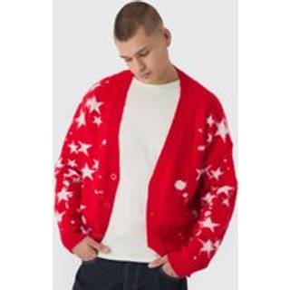 Mens Red Oversized Boxy Star Brushed Knitted Cardigan