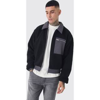 Mens Tall Boxy Borg And Nylon Collared Bomber Jacket In Black