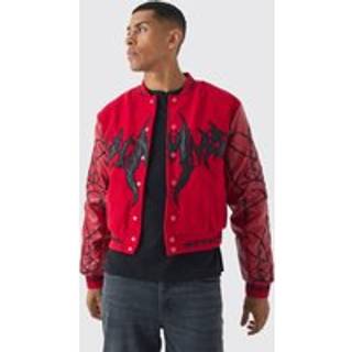 Mens Boxy Homme Embroidered Sleeve Varsity Jacket - Red