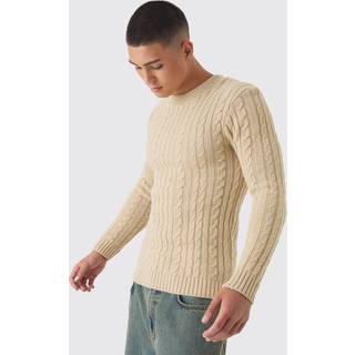 Mens Sand Muscle Fit Cable Knit Jumper