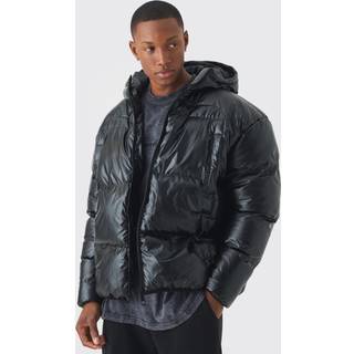 Mens High Shine Hooded Quilted Puffer In Black