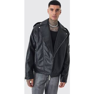 Mens Tall Extreme Oversized Textured PU Biker Jacket In Black