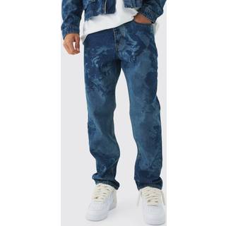 Mens Vintage Blue Slim Fit Renaissance Laser Print Denim Jeans