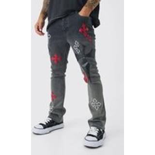 Mens Charcoal Skinny Stretch Flare Cross Applique Jeans