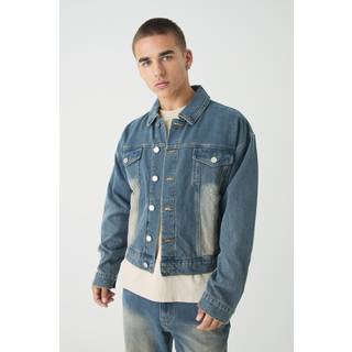 Mens Vintage Blue Boxy Herringbone Fabric Interest Denim Jacket