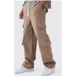 Mens Taupe Elasticated Baggy Fit Multi Cargo Trousers