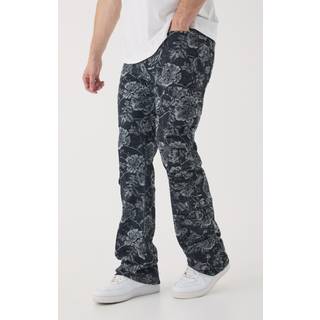 Mens Black Tall Floral Jacquard Multi Cargo Flared Jeans