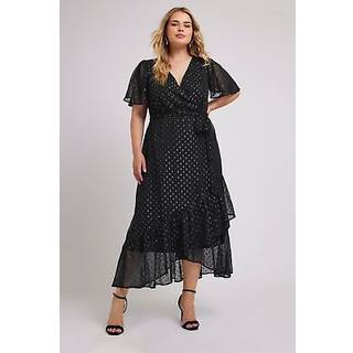 Yours Curve Yours Curve Black London Metallic Dobby Ruffle Wrap Dress