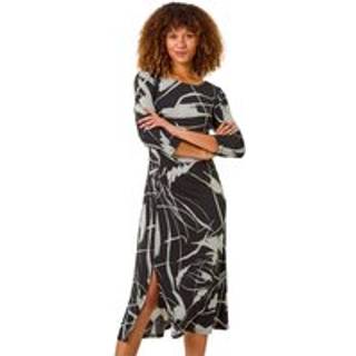 Roman Roman Black Abstract Side Ruched Midi Dress