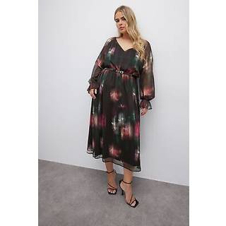 Yours Curve Yours Curve Black Floral London Metallic Dress With PU Belt