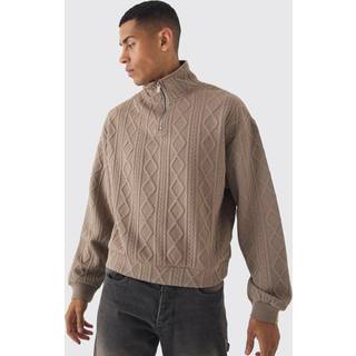 Mens Mocha Oversized Boxy 1/4 Zip Cable Knit Funnel Neck Sweatshirt