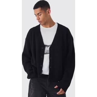 Mens Black Oversized Boxy Brushed Knitted Cardigan