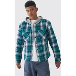 Mens Dark Green Tall Jersey Homme Hood Padded Checked Overshirt