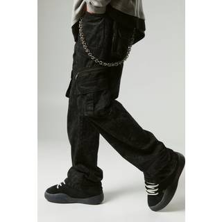 Mens Charcoal Relaxed Flared Heavy Washed Cargo Trousers