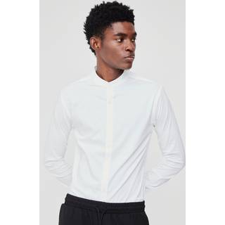 Mens White Long Sleeve Grandad Collar Stretch Fit Shirt