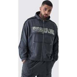 Mens Charcoal Plus Oversized Boxy Applique Eyelet Zip Through Loopback Hoodie