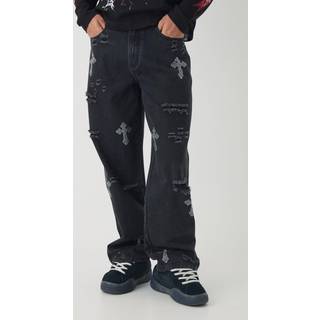 Mens Washed Black Relaxed Fit Rhinestone Cross Ripped Washed Jeans