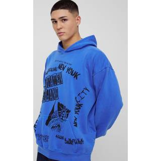 Mens Cobalt Oversized Washed New York Graphic Hoodie