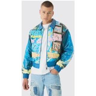 Mens Boxy Stud Detail Printed Collared PU Bomber Jacket In Blue
