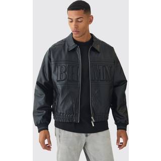 Mens Black Oversized Boxy Badge PU Bomber Jacket