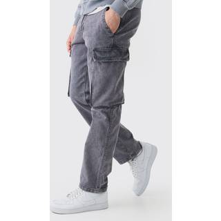 Mens Dark Grey Straight Heavyweight Twill Acid Washed Cargo Trousers