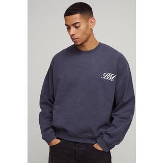 Mens Charcoal Oversized Boxy Washed BM Logo Distressed Sweatshirt