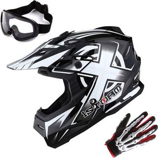 1storm Motocross Voksen hjelm BMX MX ATV Dirt Bike Helmet Racing White Goggles Skeleton White Glove Bundle