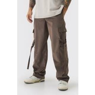Mens Chocolate Fixed Waist Relaxed Suede Cargo Strap Trousers