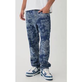 Mens Mid Blue Straight Leg Scenic Jacquard Jeans