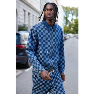 Mens Indigo Relaxed Jacquard Checkerboard Trucker Denim Jacket
