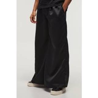 Mens Black Super Wide Leg Heavy Satin Pleated Trousers