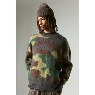 Mens Brown Oversized Boxy Eyelash Knit Camo Jumper