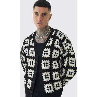 Mens Black Tall Relaxed Fit Drop Shoulder Crochet Cardigan