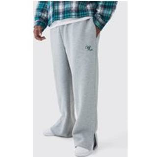 Mens Grey Marl Plus Brushed Back Embroidered Split Hem Relaxed Joggers