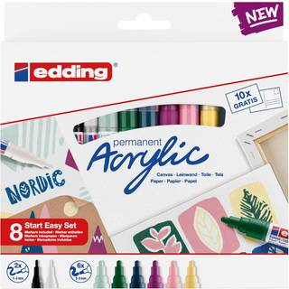 Edding Start Easy Set - Akrylmalingspenne Vandt?t; Fin og medium nib inkl. Postkortpude - S?t med 8 akrylpenne (Nordic) - Akrylpenne til l?rred e