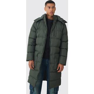 Mens Longline Hooded Puffer Coat In Khaki