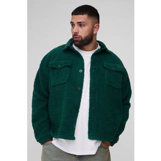 Mens Plus BHM Embroidered Back Borg Overshirt in Dark Green