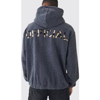 Mens Charcoal Oversized Boucle Borg Official Leopard Popper Neck Hoodie
