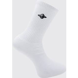 Mens White 1 Pack Embroidered Orbit Sock