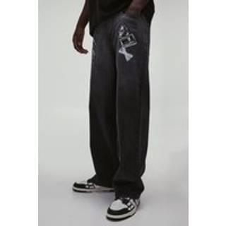 Mens Washed Black X-Ray Printed Relaxed Fit Jeans
