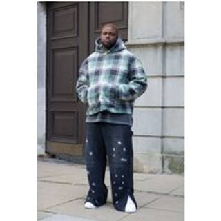 Mens Charcoal Plus Popper Hem Paint Splatter Relaxed Fit Carpenter Trousers