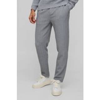 Mens Grey Half Elastic Waistband Stretch Herringbone Tailored Tapered Trouser