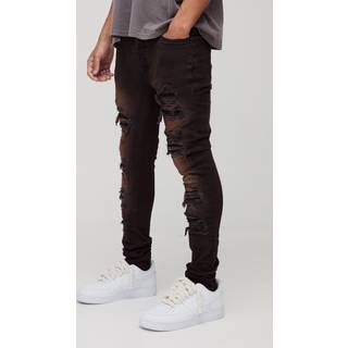 Mens Brown Super Skinny Stretch Biker Rip & Repair Denim Jeans