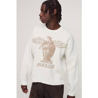 Mens Ecru Boxy Brushed Gothic Graphic Knitted Jumper