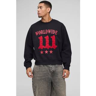 Mens Black Oversized Boxy Moto Raw Edge Applique Sweatshirt
