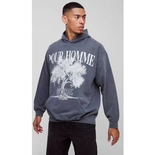 Mens Charcoal Oversized Pour Homme Tree Graphic Washed Hoodie