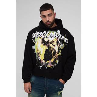 Mens Black Plus Oversized Boxy Worldwide Large Scale Print Hoodie